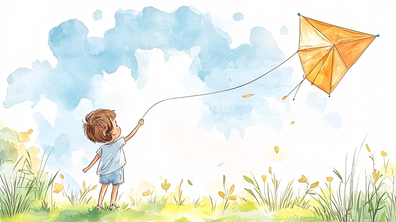 高清大图下载【趣麦麦图】小男孩放风筝的水彩画