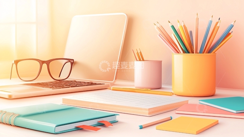 高清大图下载【趣麦麦图】彩色文具桌上的创意办公场景