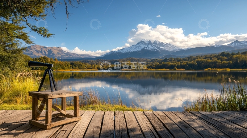 高清大图下载【趣麦麦图】湖边观景台与雪山美景