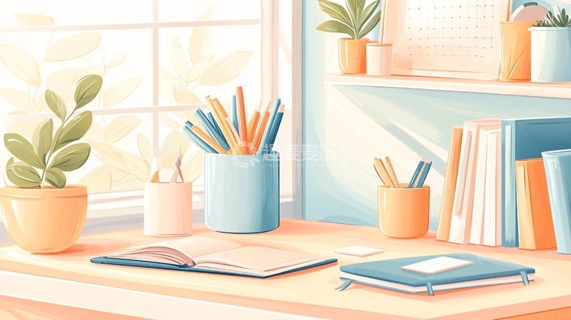 高清大图下载【趣麦麦图】温馨书桌与文具插画