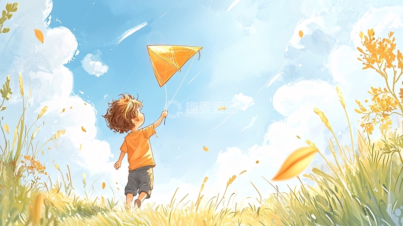 高清大图下载【趣麦麦图】小男孩在田野放风筝