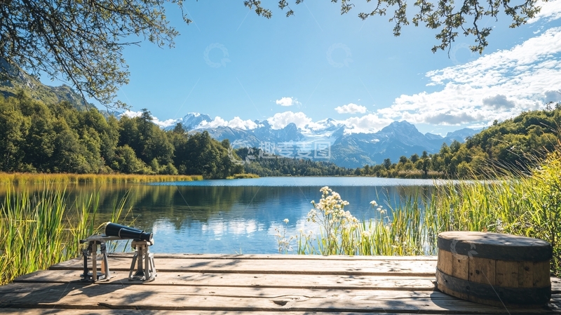 高清大图下载【趣麦麦图】湖边观景台与雪山美景