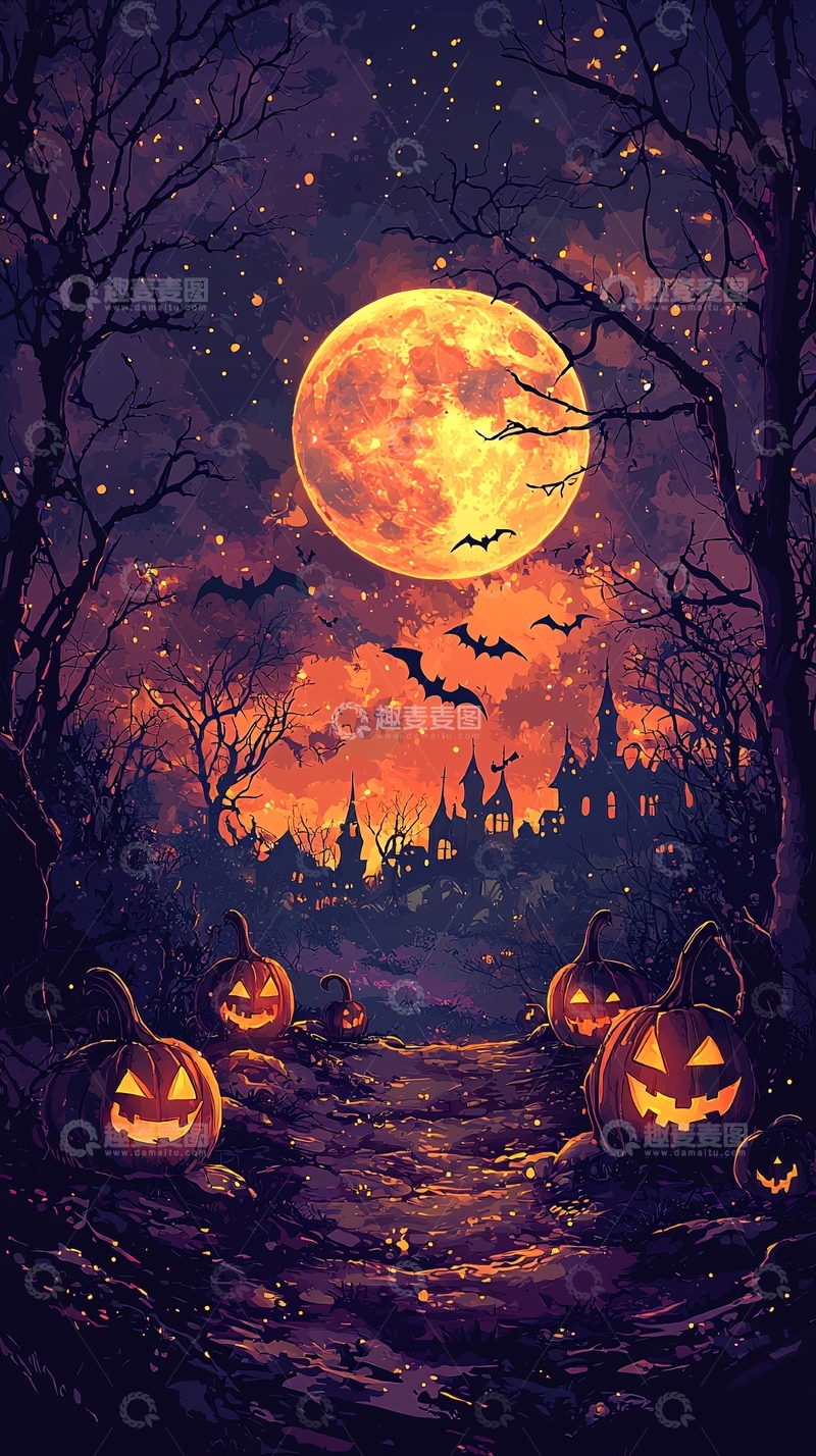 高清大图下载【趣麦麦图】万圣节夜景南瓜灯城堡