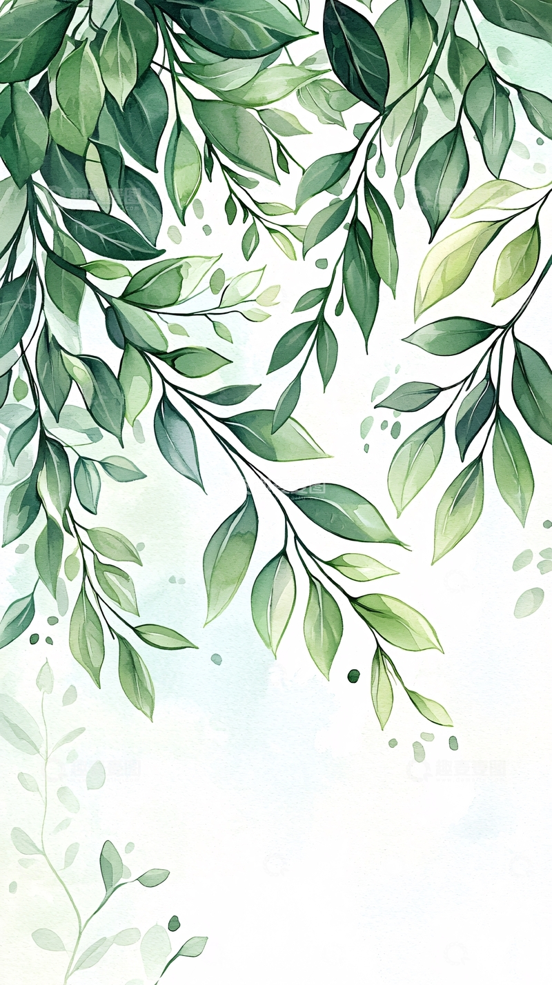 高清大图下载【趣麦麦图】清新绿叶水彩背景图