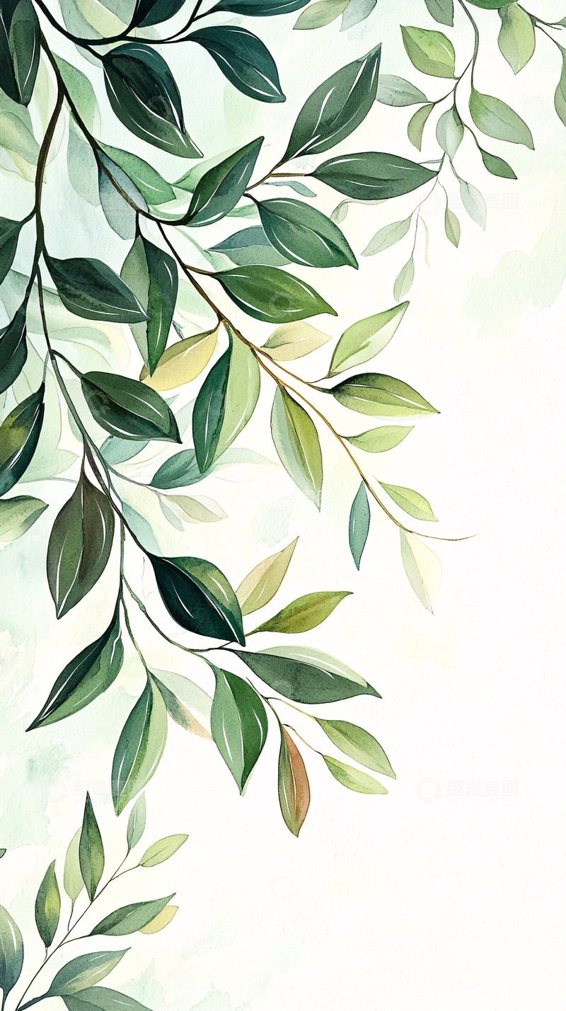 高清大图下载【趣麦麦图】清新绿叶树枝水彩画背景