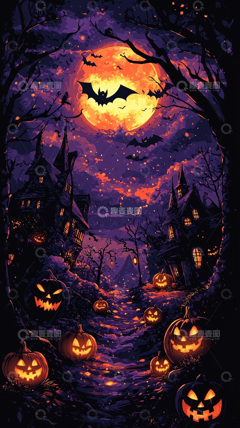 高清大图下载【趣麦麦图】万圣节夜景南瓜灯城堡