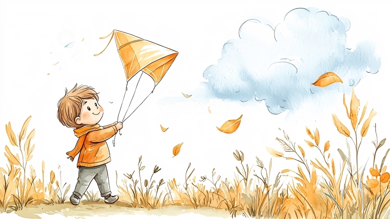 高清大图下载【趣麦麦图】秋日放风筝的小男孩
