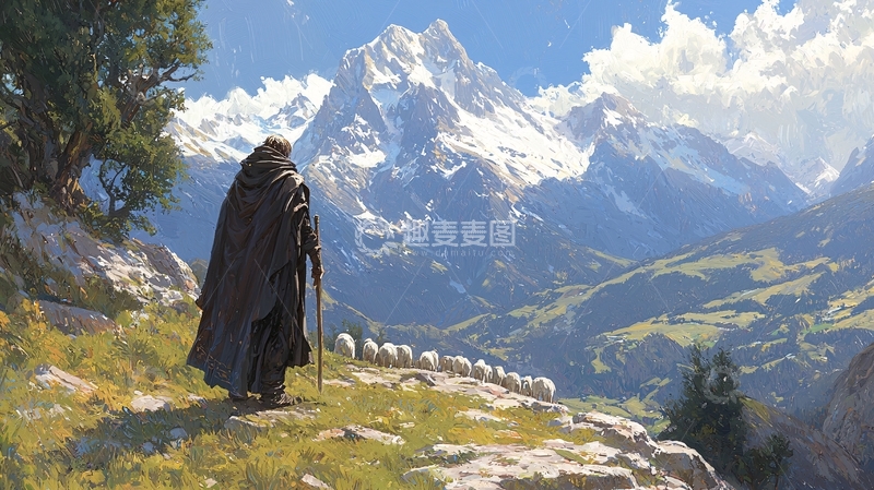 高清大图下载【趣麦麦图】山间牧羊人与羊群