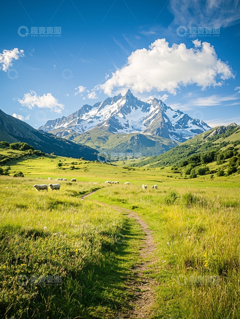 高清大图下载【趣麦麦图】雪山下的田园风光