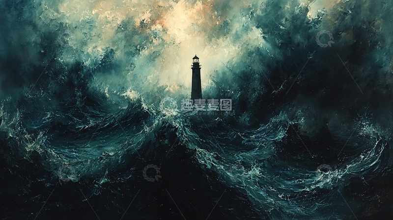 高清大图下载【趣麦麦图】灯塔与风暴海浪
