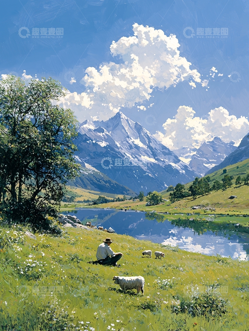 高清大图下载【趣麦麦图】阿尔卑斯山下的宁静牧羊人