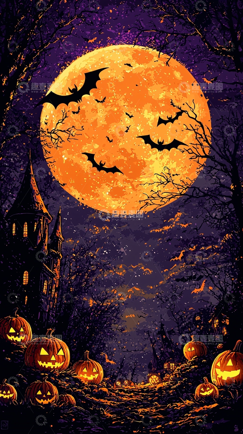 高清大图下载【趣麦麦图】万圣节夜景南瓜灯城堡