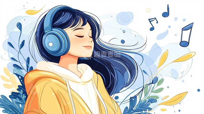 高清大图下载【趣麦麦图】蓝色耳机听音乐的女孩插画