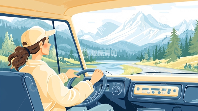 高清大图下载【趣麦麦图】山间自驾游风景插画