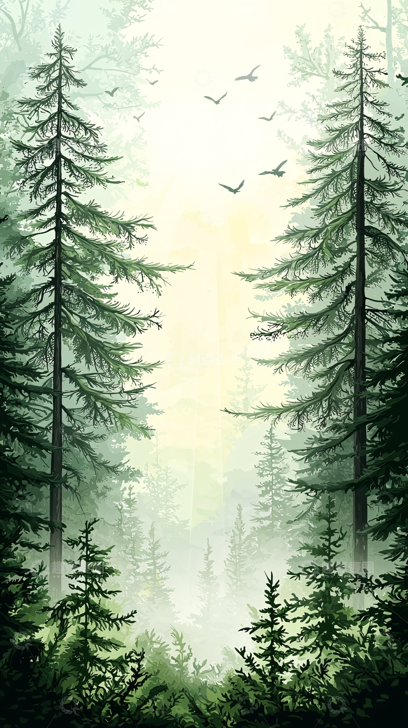 高清大图下载【趣麦麦图】晨雾中的森林与飞鸟
