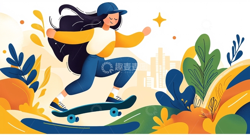 高清大图下载【趣麦麦图】滑板女孩城市背景插画