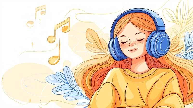 高清大图下载【趣麦麦图】聆听音乐的女孩插画