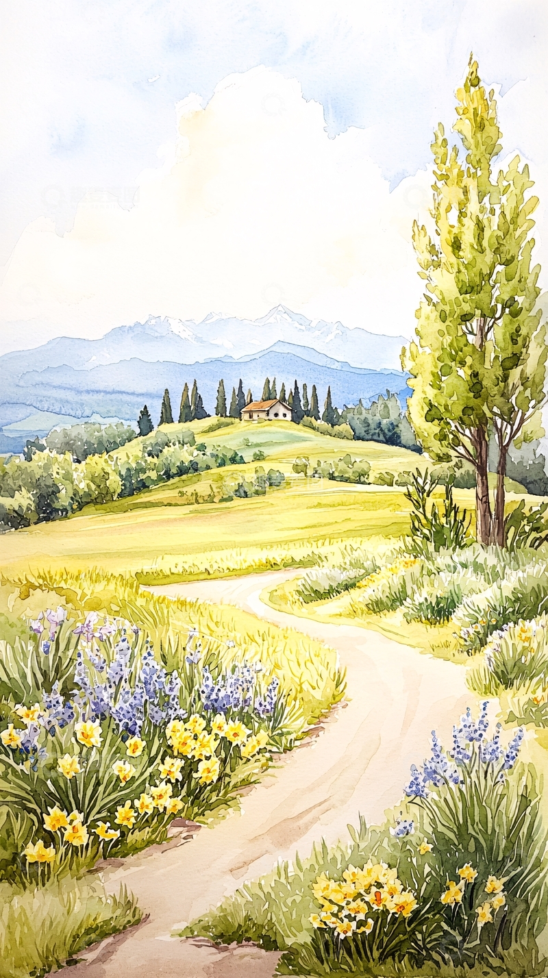 高清大图下载【趣麦麦图】田园风光水彩画风景图