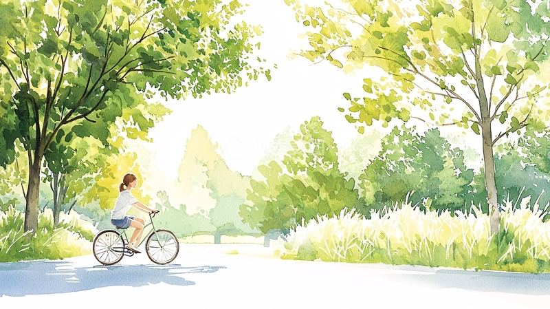 高清大图下载【趣麦麦图】夏日骑行在绿树成荫的小路上