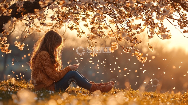 高清大图下载【趣麦麦图】夕阳下的女孩与樱花