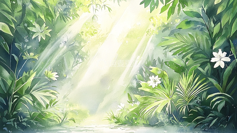 高清大图下载【趣麦麦图】阳光穿透森林的水彩画
