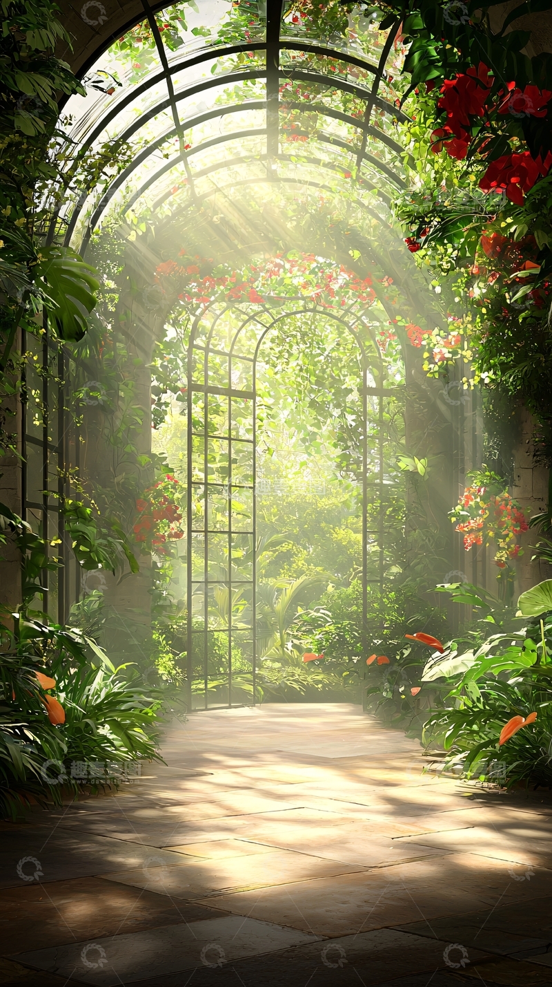 高清大图下载【趣麦麦图】阳光透过温室拱门的植物园