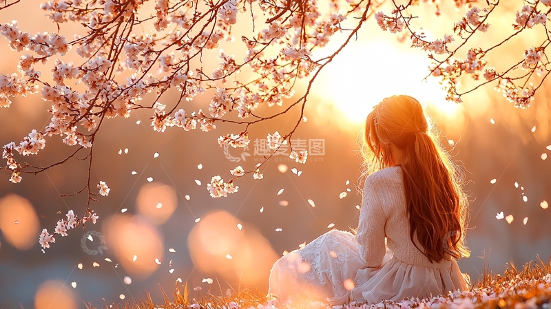 高清大图下载【趣麦麦图】樱花树下女孩剪影