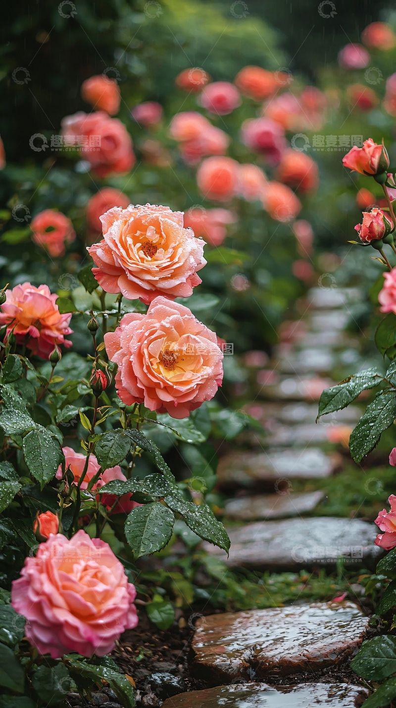 高清大图下载【趣麦麦图】雨后花园中的玫瑰花径