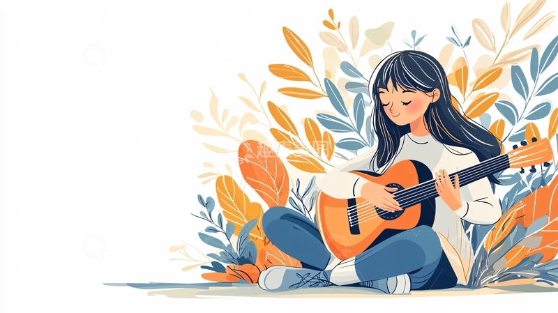 高清大图下载【趣麦麦图】秋日吉他少女插画