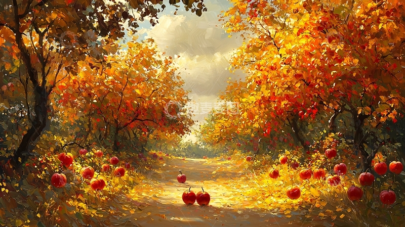 高清大图下载【趣麦麦图】秋日果园落叶铺路
