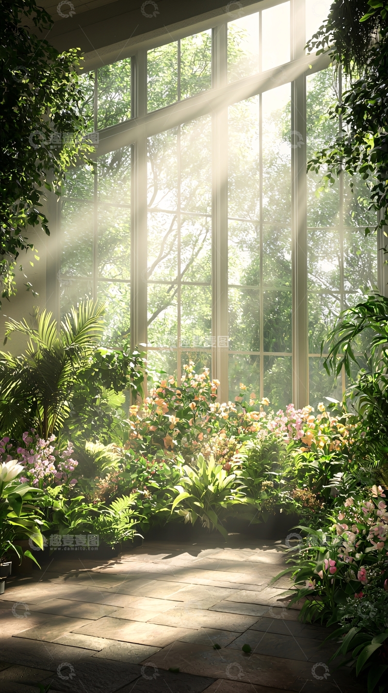 高清大图下载【趣麦麦图】阳光透过玻璃窗的温室花园