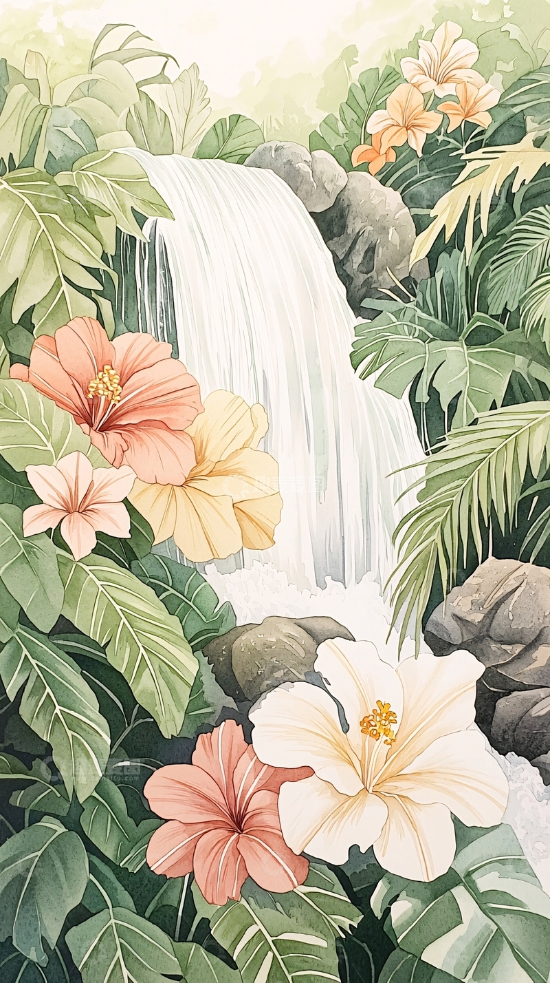 高清大图下载【趣麦麦图】热带瀑布与花卉插画