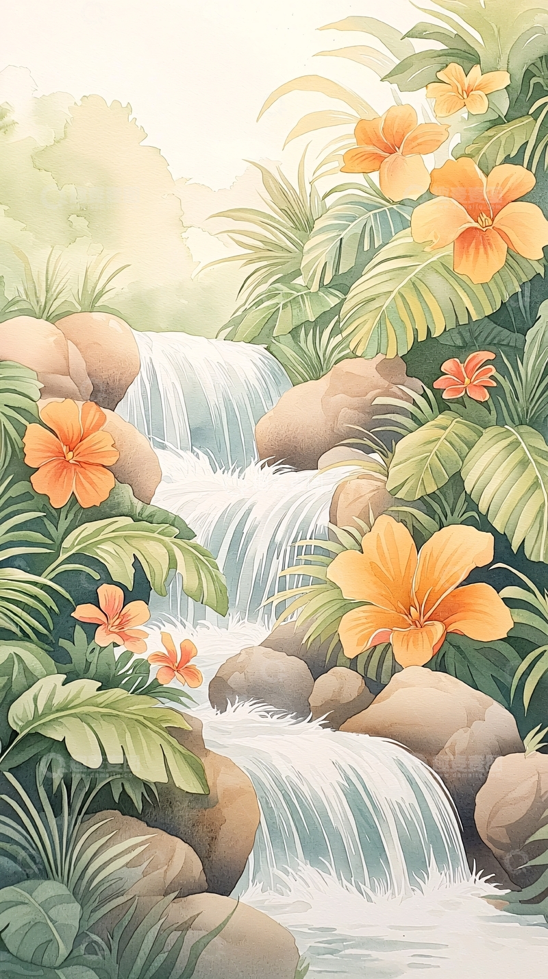 高清大图下载【趣麦麦图】热带瀑布与橙花