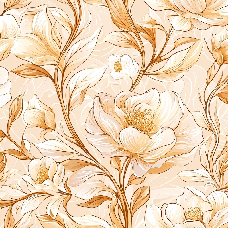 高清大图下载【趣麦麦图】金色花卉手绘图案背景