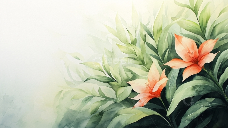 高清大图下载【趣麦麦图】橙色百合花与绿色叶子的水彩画