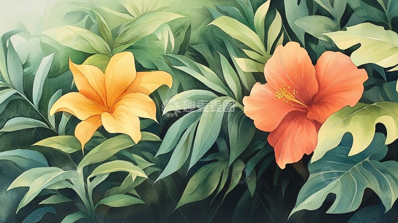 高清大图下载【趣麦麦图】热带花卉与绿叶背景