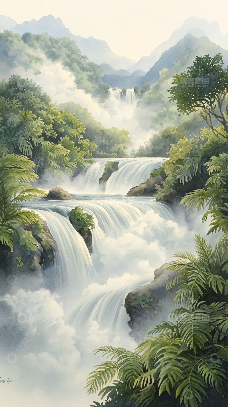 高清大图下载【趣麦麦图】热带雨林瀑布风景画