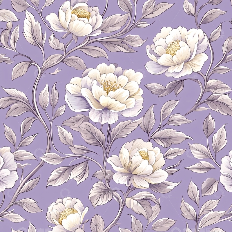 高清大图下载【趣麦麦图】紫色背景白色花卉图案素材