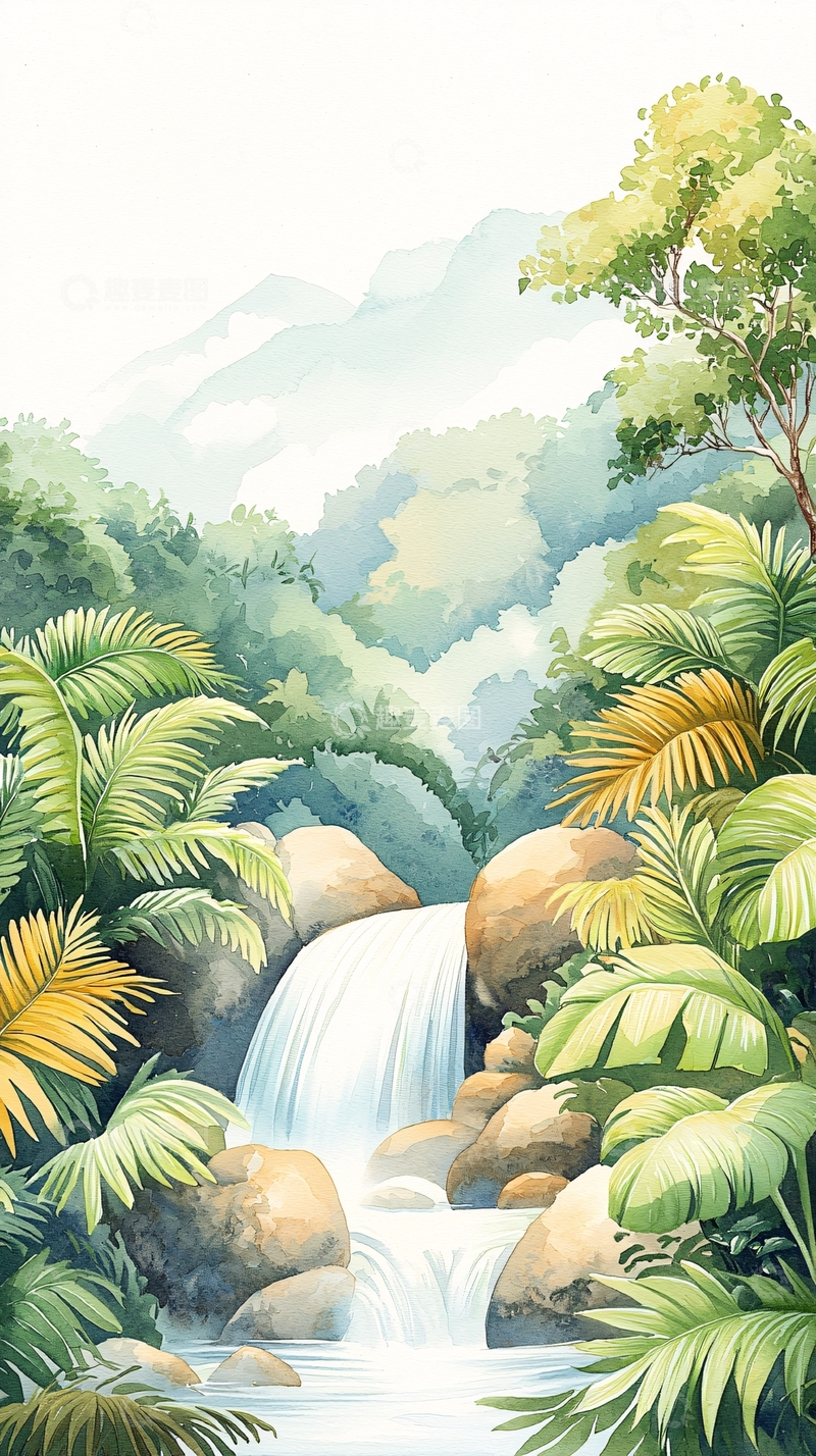 高清大图下载【趣麦麦图】热带雨林瀑布风景画