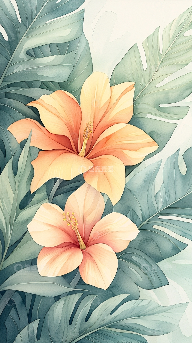 高清大图下载【趣麦麦图】热带花卉与绿叶背景插画