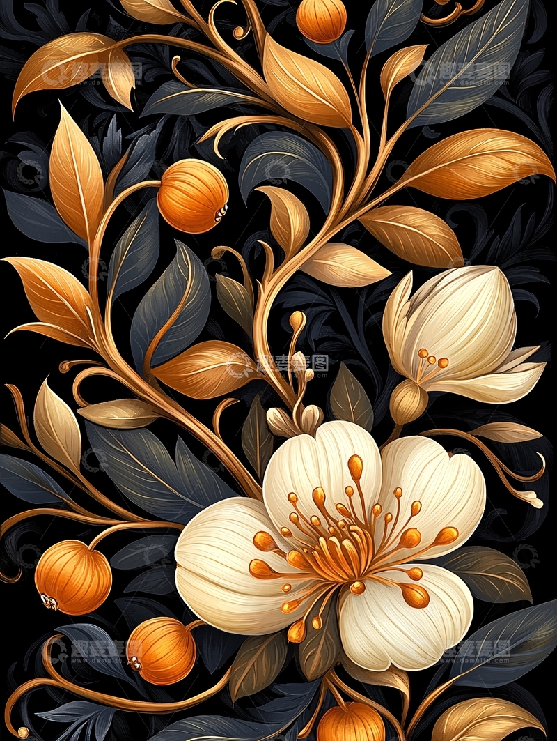 高清大图下载【趣麦麦图】金色花卉与果实装饰图案
