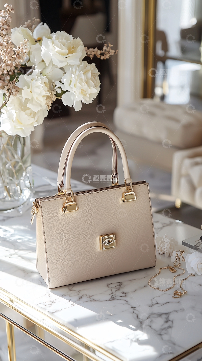 高清大图下载【趣麦麦图】优雅手提包与大理石桌面的装饰场景