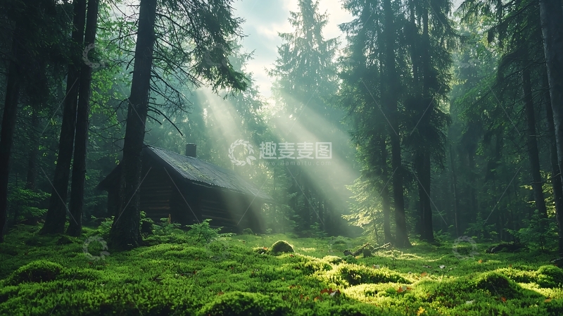 高清大图下载【趣麦麦图】晨光森林中的小木屋