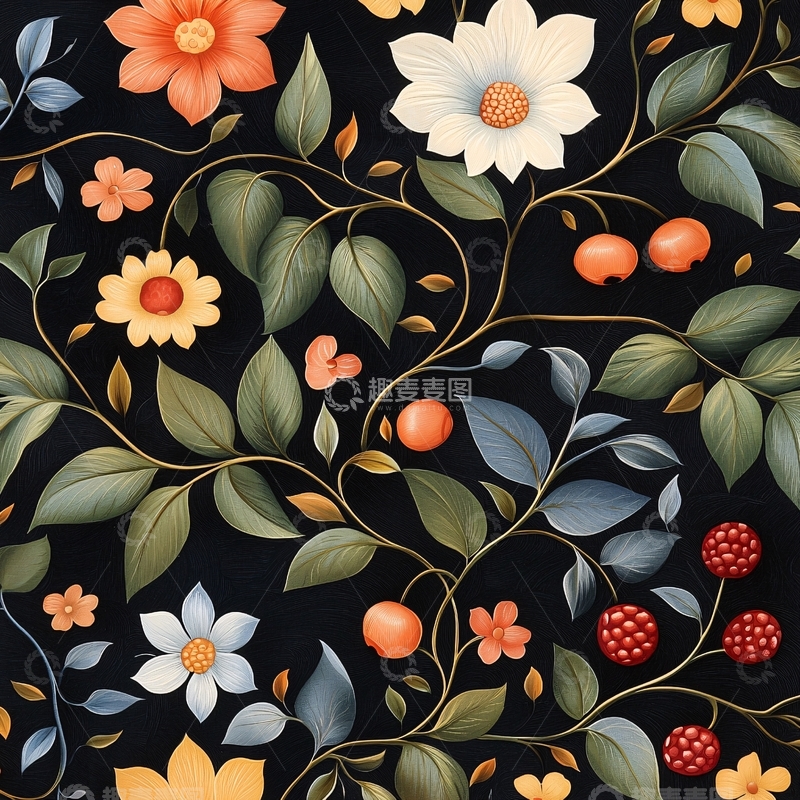 高清大图下载【趣麦麦图】秋日花卉与果实图案背景