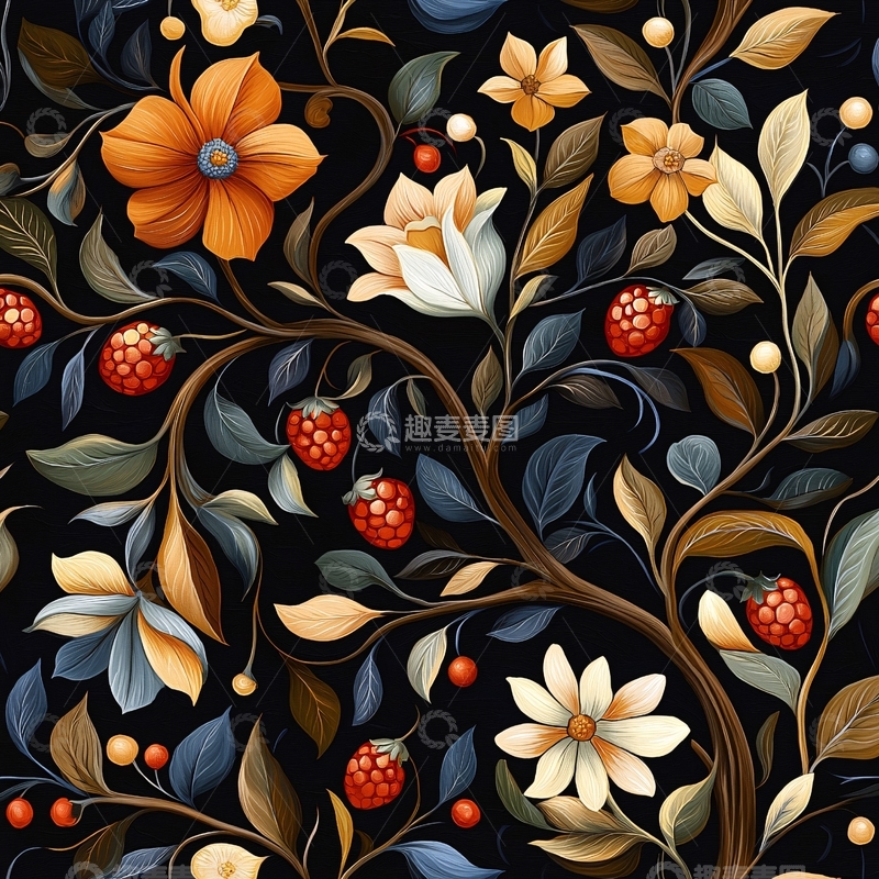 高清大图下载【趣麦麦图】秋日果实与花卉图案背景