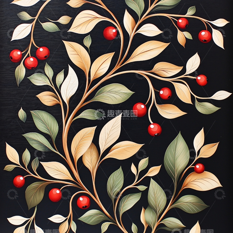 高清大图下载【趣麦麦图】红色浆果与金色叶子的艺术插画