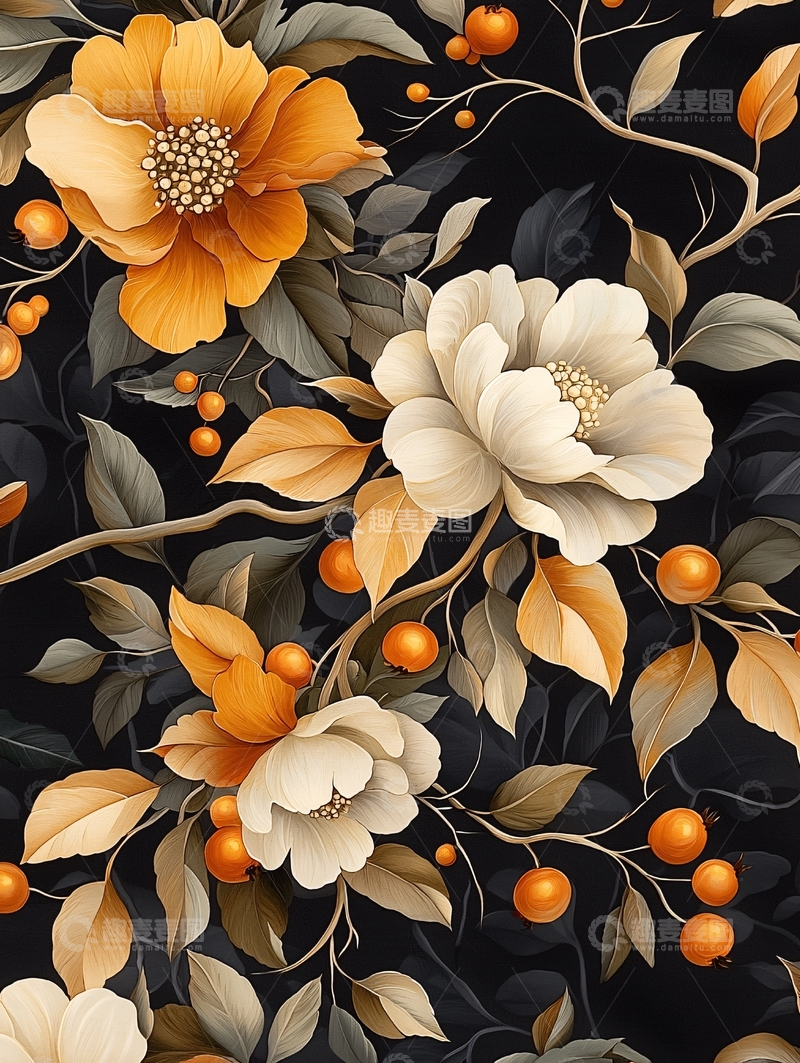 高清大图下载【趣麦麦图】秋日花卉与果实装饰图案