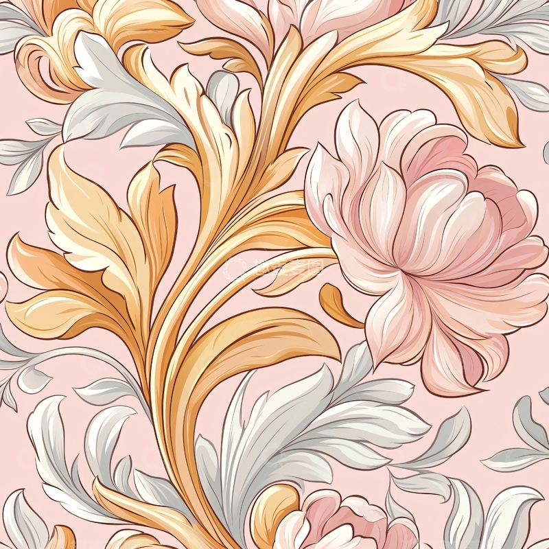 高清大图下载【趣麦麦图】粉色背景金色花卉图案素材