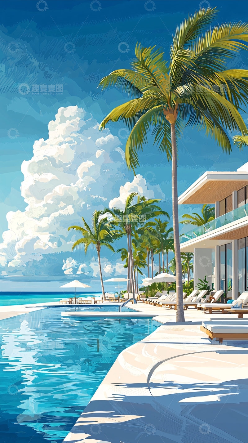 高清大图下载【趣麦麦图】热带海滩度假泳池场景