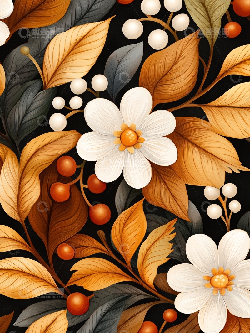 高清大图下载【趣麦麦图】秋日花卉与果实图案背景